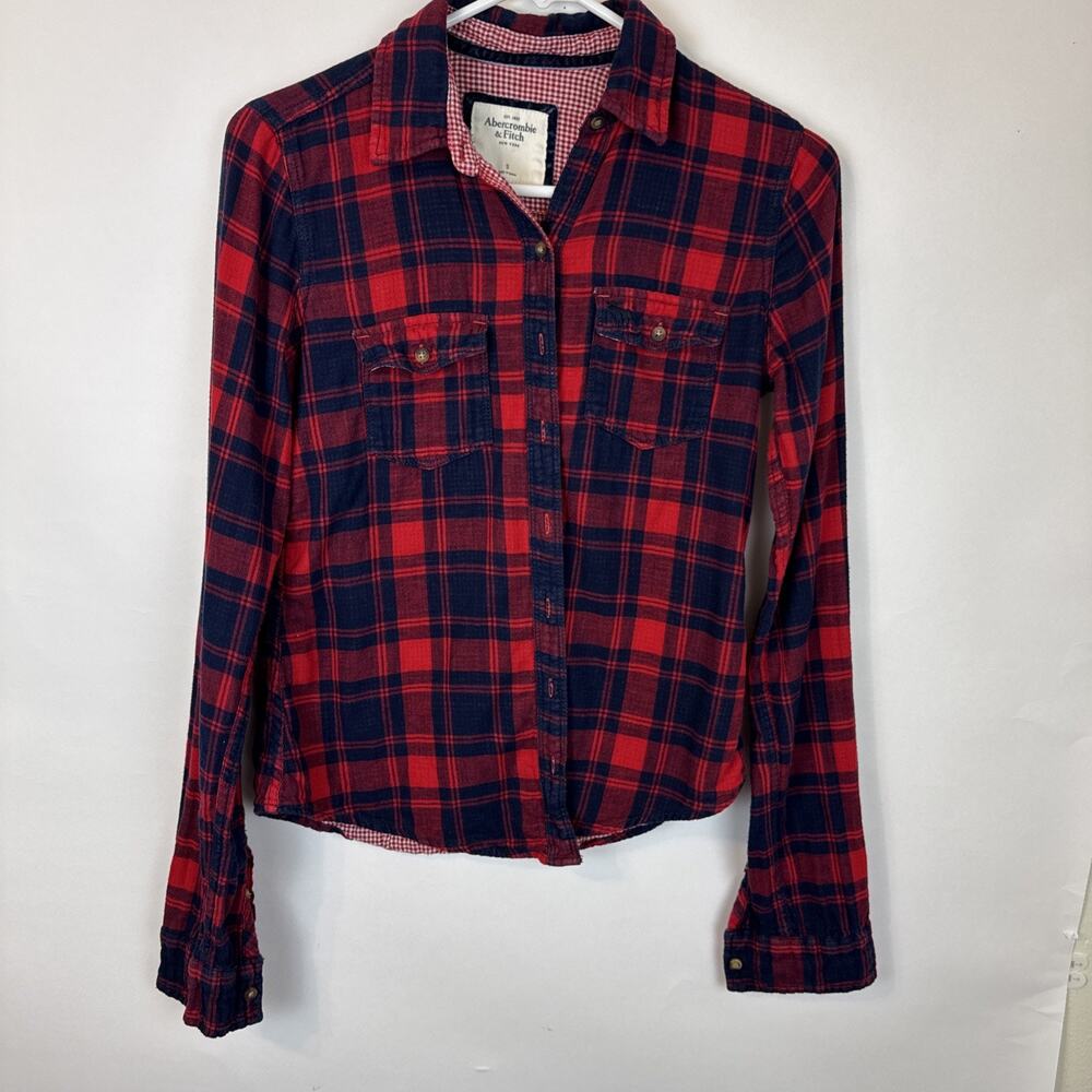 Abercrombie & Fitch Button Down Women's Small Red Blue Plaid Long Sleeve Flannel